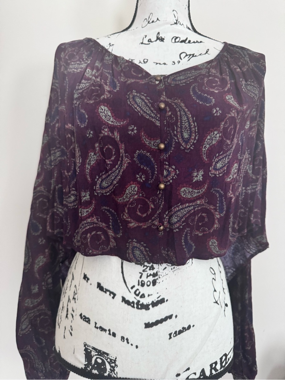 Boho crop Paisley Button-Front Women's Top in Deep Plum